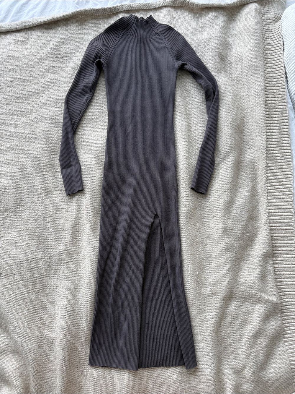 Aritzia Wilfred Ribbed Long Sleeve Midi Dress with Front Slit - Charcoal